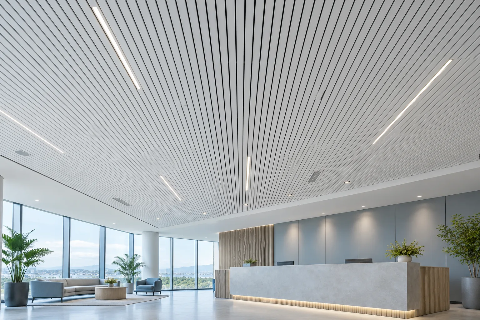 Calm reception area with a clean slatted acoustic ceiling