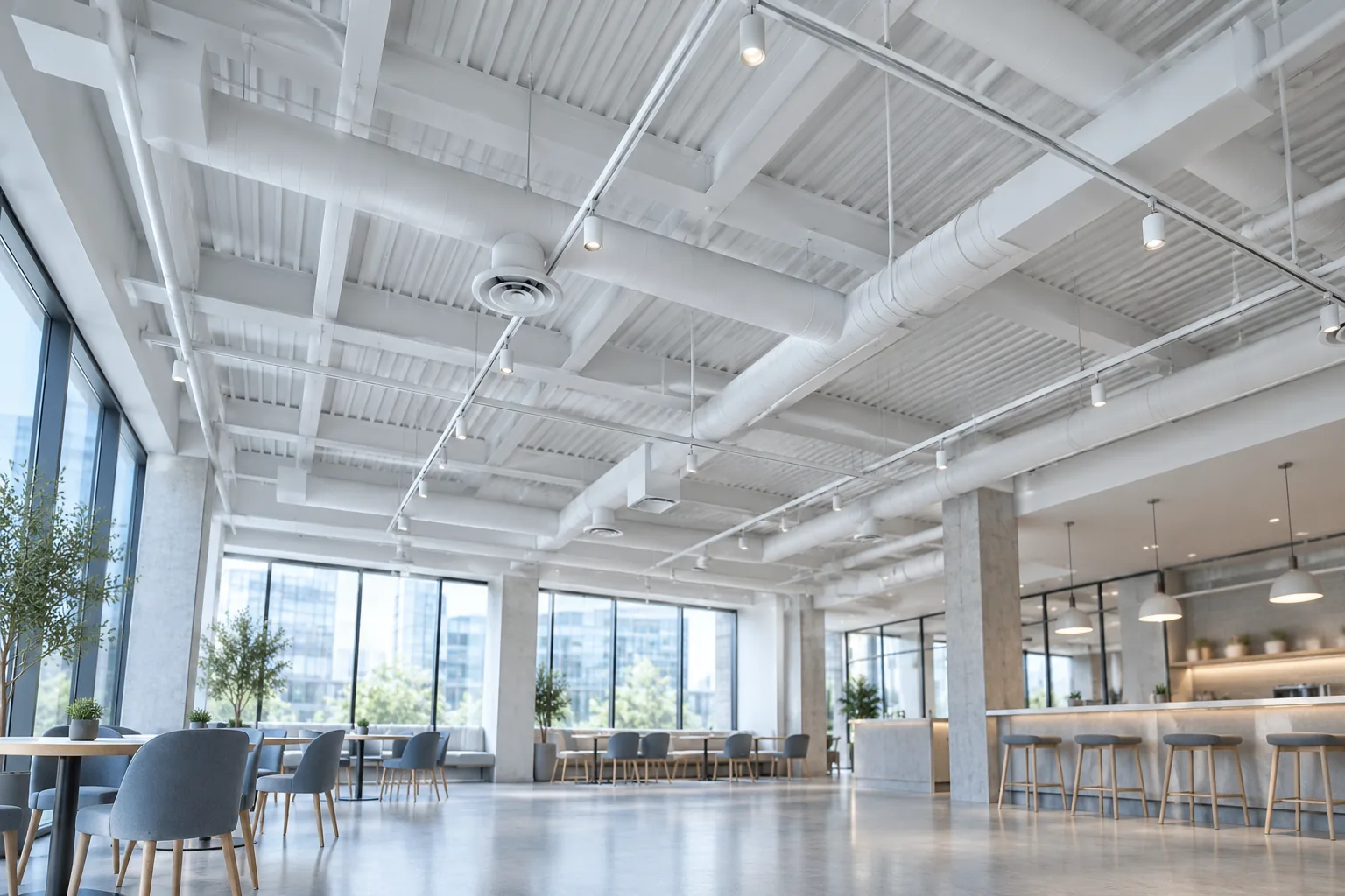 Open exposed ceiling painted light grey with ductwork, joists and track lights