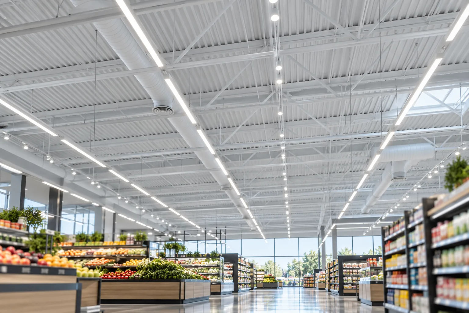 Bright grocery store with a high open ceiling and rows of lights above the aisles