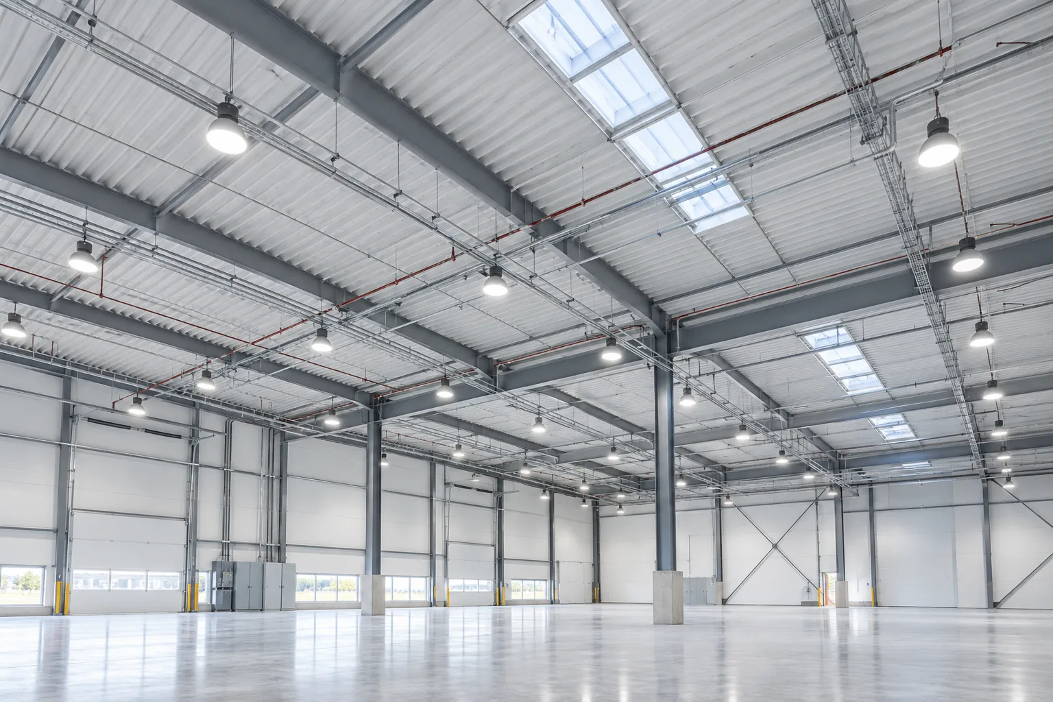 Clean warehouse interior with exposed steel beams, pipes and high-bay lights