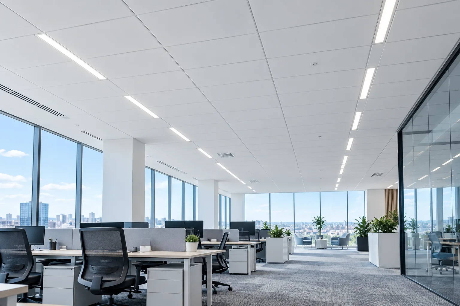 Clean white acoustic ceiling grid with linear lights over an open-plan office