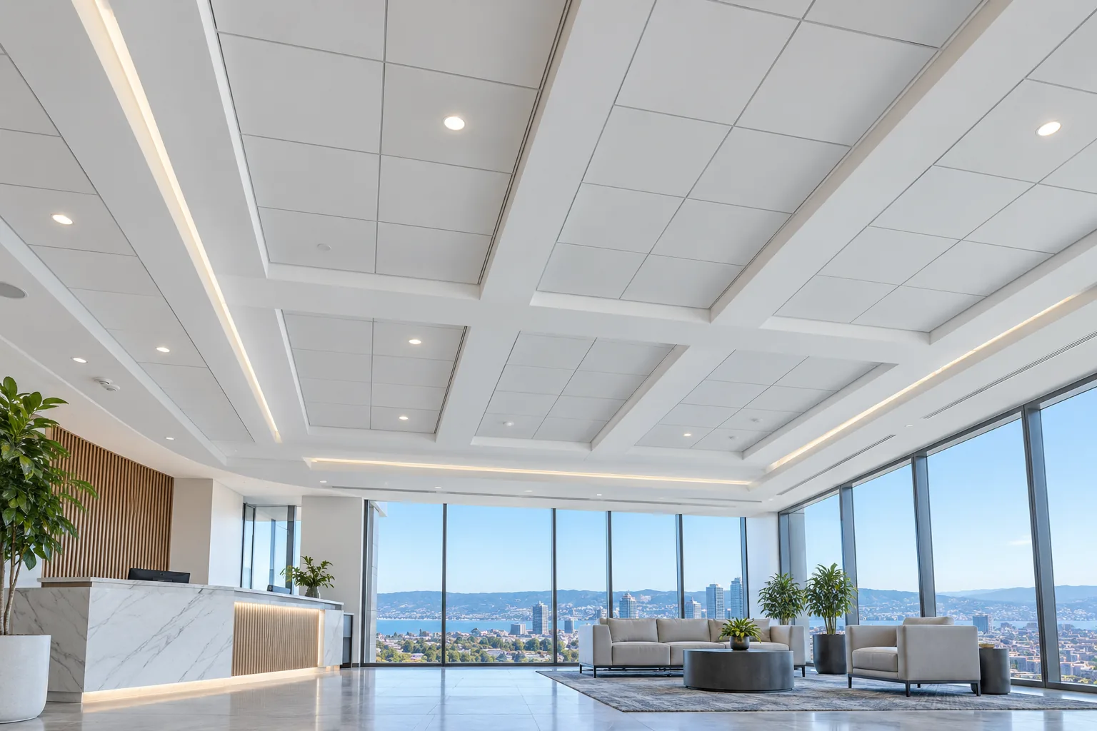 Office lobby with a clean coffered ceiling