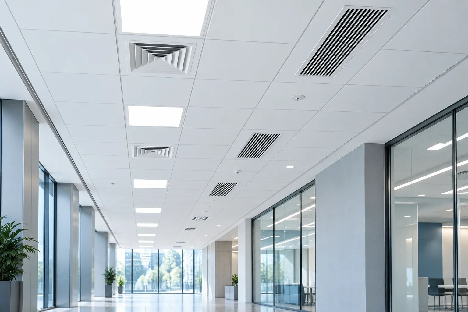 Clean ceiling diffusers, return grilles and flat LED panels in a modern corridor