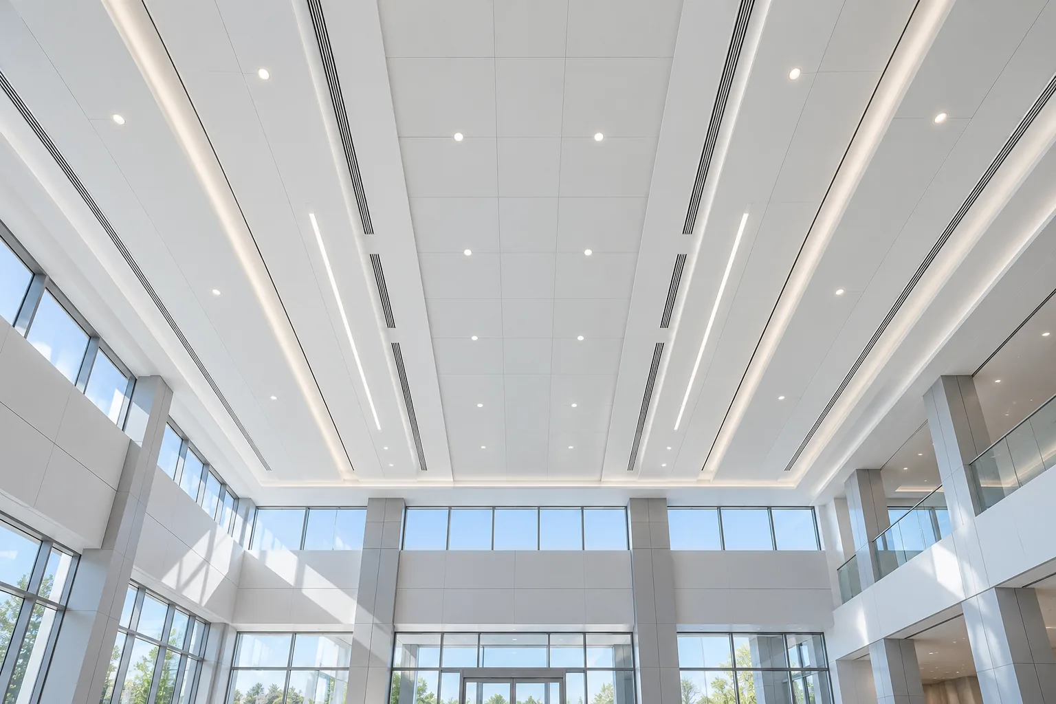 Tall atrium with clean high wall panels, ledges and clerestory windows in cool daylight
